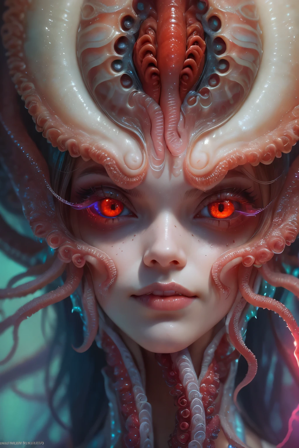 scary and sexy detailed art in color, Portrait, (beautiful and obscene female alien:1.4), (vulgarity1.5), (she has glowing red eyes with no pupils:1.8), (Translucent skin:1.7),  ((There is a female genital-like organ in the middle of the forehead:1.9)), (The most beautiful face in the history of the universe:1.2),an evil gaze that seduces, (large mouth:1.1), (sharp teeth like a vampire:1.2), Full body portrait, (bio luminescent:1.5), (Smile wickedly:1.3),  (sexypose:1.5), incredibly beautiful matured alien, (she has unparalleled beauty:1.5),  No humans, cells are fused, (Lots of translucent tentacles:1.6) extraterrestrial, cell, bio image, best quality, 8K,In 4K_quality, High freshness, Dramatic Lighting, masterpiece:1.5, cinematic quality, detail up, (exquisite details:1.2), high resolution, High freshness, drawing faithfully, (Thick eyebrows:1.2), Beautiful eyes with fine symmetry, (Highly detailed face and eyes:1.2),  (Super detailed skin quality feeling:1.1), perfect anatomy,  (Beautiful toned body:1.5),  (Moist skin:1.2), not wearing makeup, (dark circles:1.1), long canines, cinematic drawing of characters, ultra high quality model, cinematic quality, detail up, (exquisite details:1.2), high resolution, High freshness, drawing faithfully, official art, Unity 8K Wall  , 8K Portrait, best quality, Very high resolution, ultra detailed artistic photography, midnight aura,  unreal engine 5, Ultra Sharp Focus, art by Amano Yoshitaka, ArtGerm, Roisch, intricate artwork, best quality, masterpiece, ultra high resolution, (photos realistic:1.4), ultra realistic realism, dream-like, nautilus, Creation of fantasy, Snail, Dream Snail, (biopunk nautilus:1.3),Thrilling color schemes, ultra realistic realism, seductively smiling, | (white tentacles with stripes:1.2), | subtle emerald green accents, (expression of ecstasy:1.6) , in the dark, she has snake-like eyes