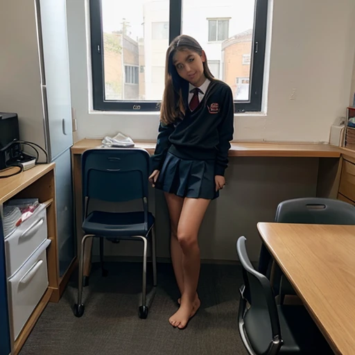 Young girl in school uniform barefoot