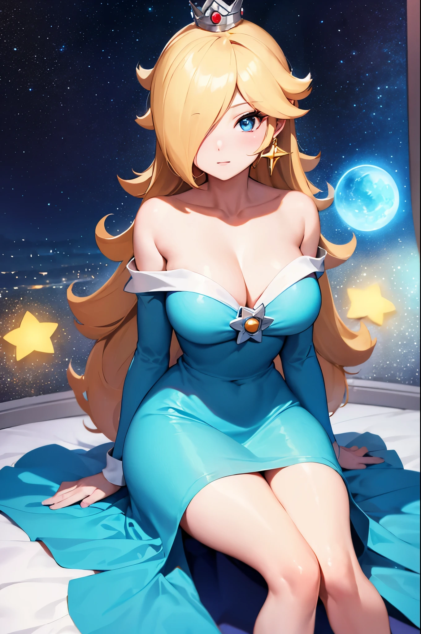 (masterpiece), best quality, expressive eyes, perfect face, highres, 1 girl, solo, rosalina, blonde hair, blue eyes, hair over one eye, long hair, blue dress, crown, dress, earrings, jewelry, princess, robe, bare shoulders, crossed legs, star earrings, space, starry background, glowing particles, good illumination, sitting, portrait, looking at the viewer