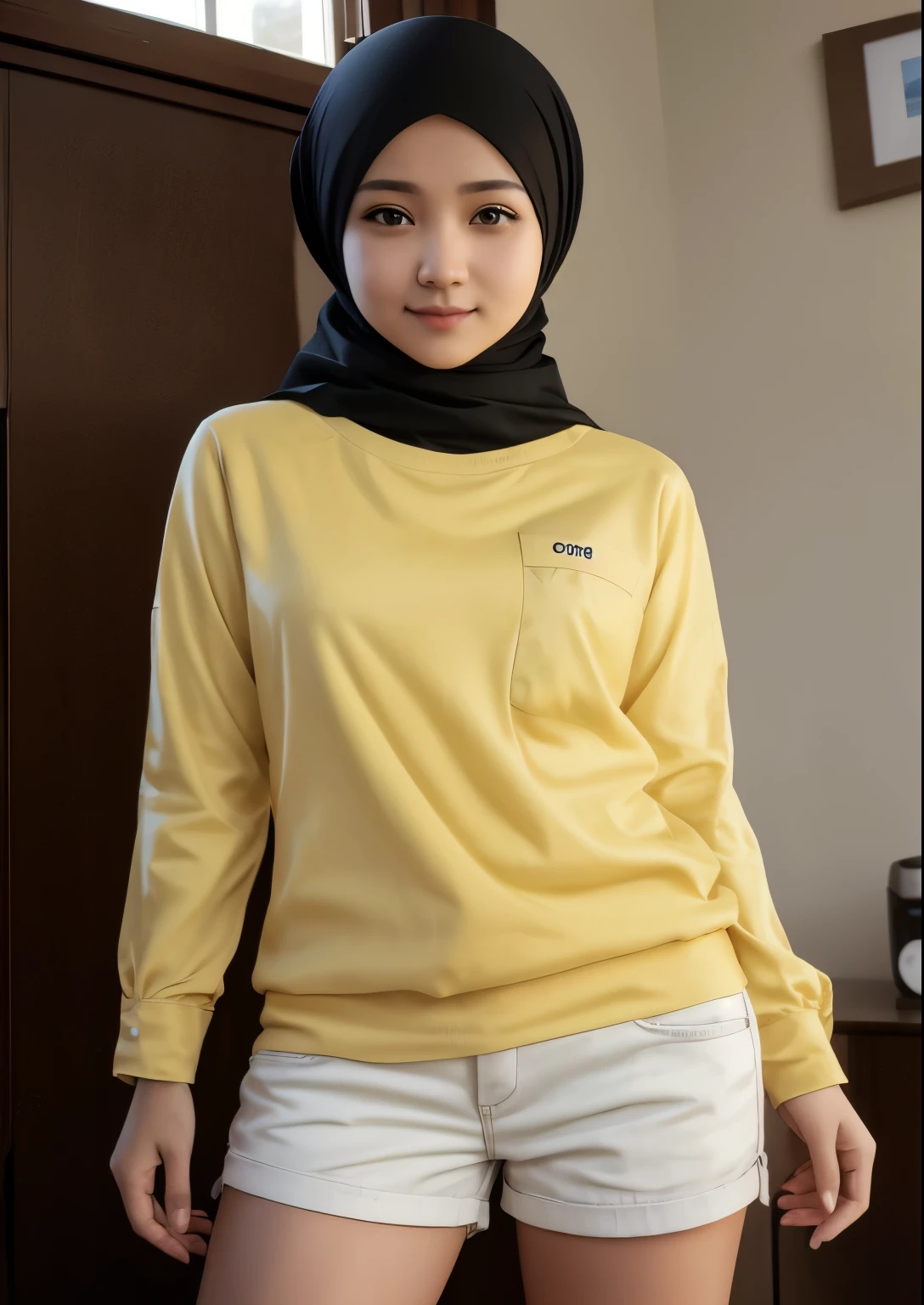 arafed woman in a yellow shirt and white shorts posing for a picture, taken with canon eos 5 d, wearing wheat yellow gauze, taken with canon eos 5 d mark iv, taken with canon 8 0 d, casual clothing, hijab, taken with canon 5d mk4, mid shot portrait, taken with a canon eos 5 d, glasses 