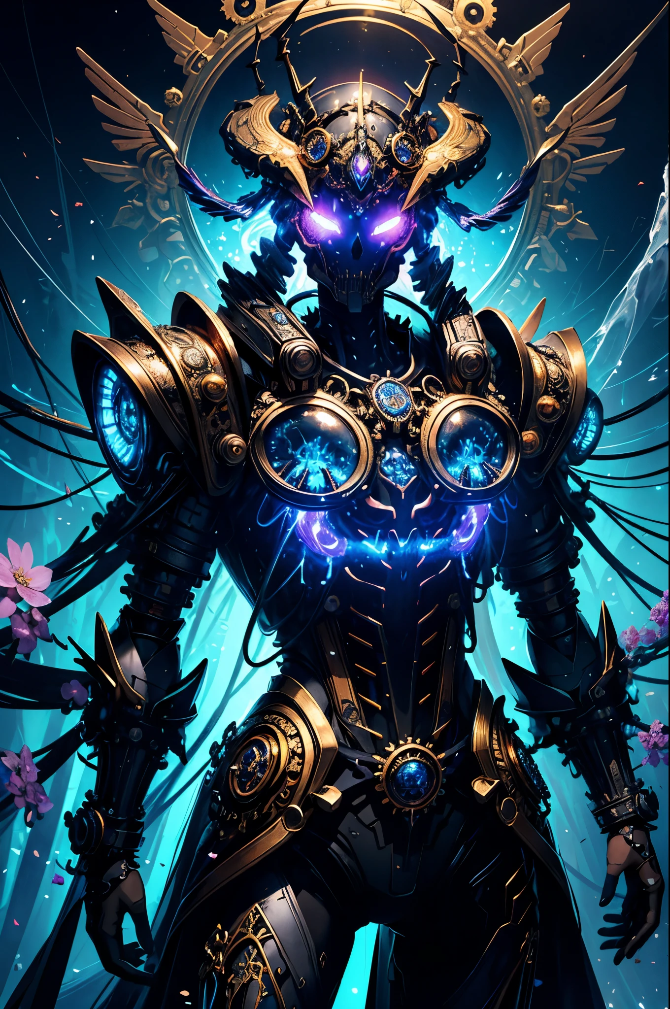 (Masterpiece, best quality :1.3), ultra-detailed, intricate, 8k, HDR, wallpaper, blue-gold color scheme, (glowing red, cross-shaped glow, blooming flowers)), gun, (shooting position), Glow, Royal Crown, armor, Glowing red eyes, Metal Mecha, metal wings, The hornetal skull inhabited by dreamlike transparent jellyfish)), the abstract twisted jellyfish tentacles, the cluster of transparent jellyfish tentacles above the skull, (black sunglasses, highly reflective lenses, rainbow around the skull), the energetic circular composition only illustrates the influence of various structural forces (steampunk decorative elements, cogs, and other elements). Pointer, chain decoration combination,