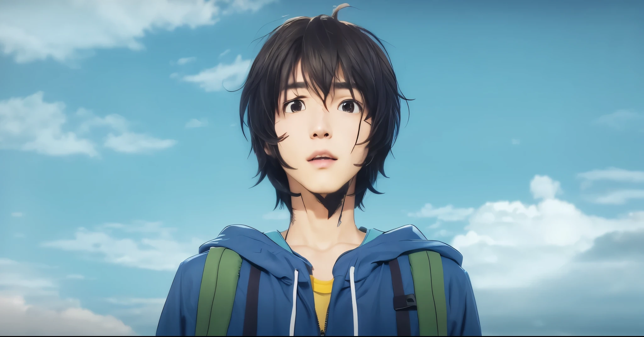 young man with  dark hair short He is wearing a blue jacket over a yellow shirt. There are also two band-aids on the character's face