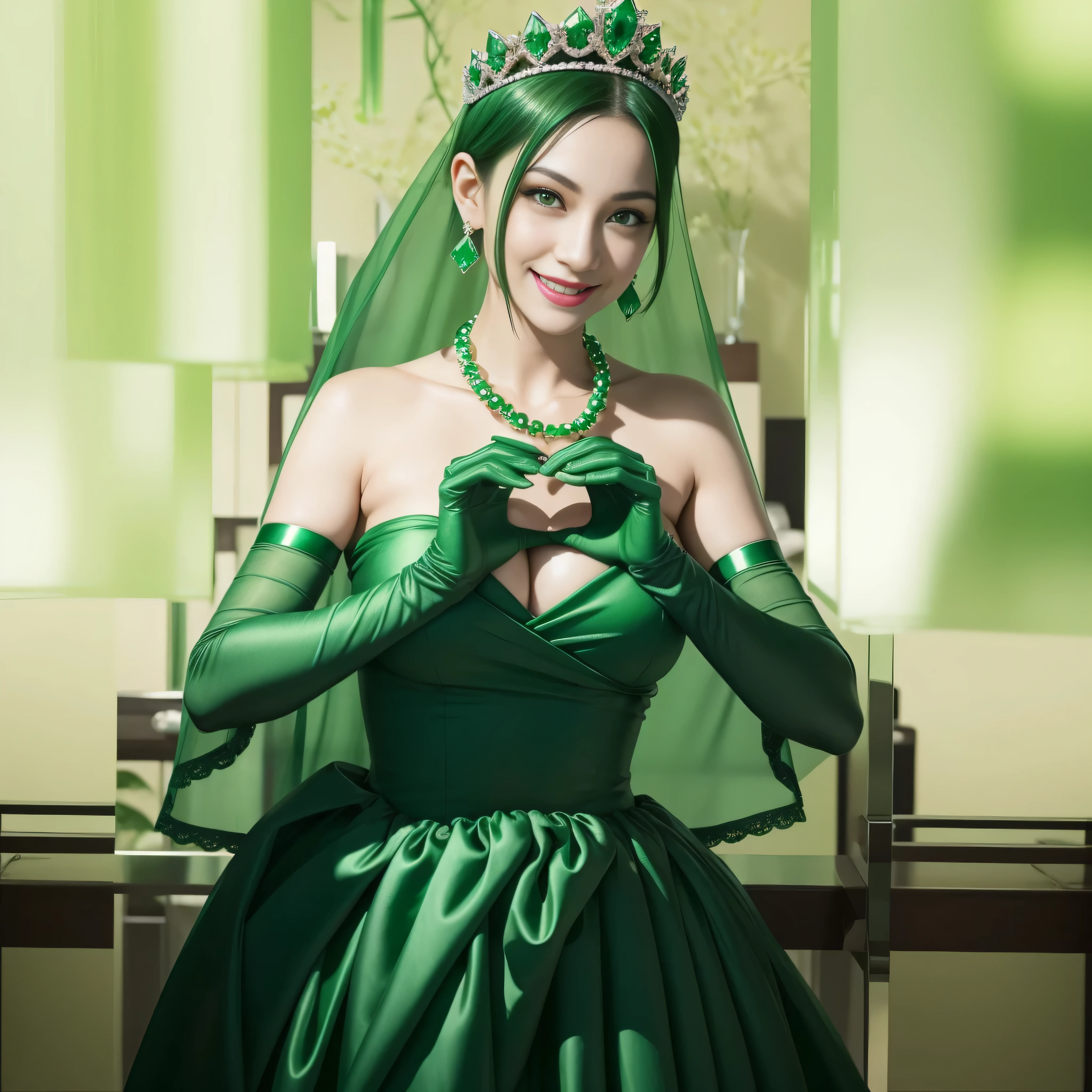 emerald tiara, green pearl necklace, boyish very short green hair, lipstick, smiling Japanese woman, very short hair, big breasts beautiful, green eyes, Long green satin gloves, green eyes, emerald earrings, green veil, heart with both hands