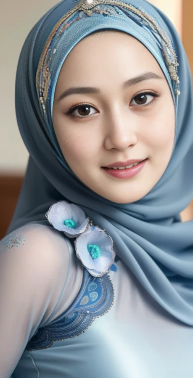 Luna Maya, (RAW photo:1.2), (photorealistic:1.4),(masterpiece:1.3),(best quality:1.4),ultra high res,(detailed eyes),(detailed facial features),(detailed clothes features),HDR,8k resolution, skin tight, (((high detailed skin,visible pores))), dreamlike, (ulzzang-6500-v1.1:0.5),pureerosface_v1:0.2, face close-up, 1 girl, tall body, slim faces, body abs:1.2, , 30 years old, gigantic breast, wearing tight close pastel floral silk malay gamis with hijab, full body, beautiful shy smile, wearing high heels