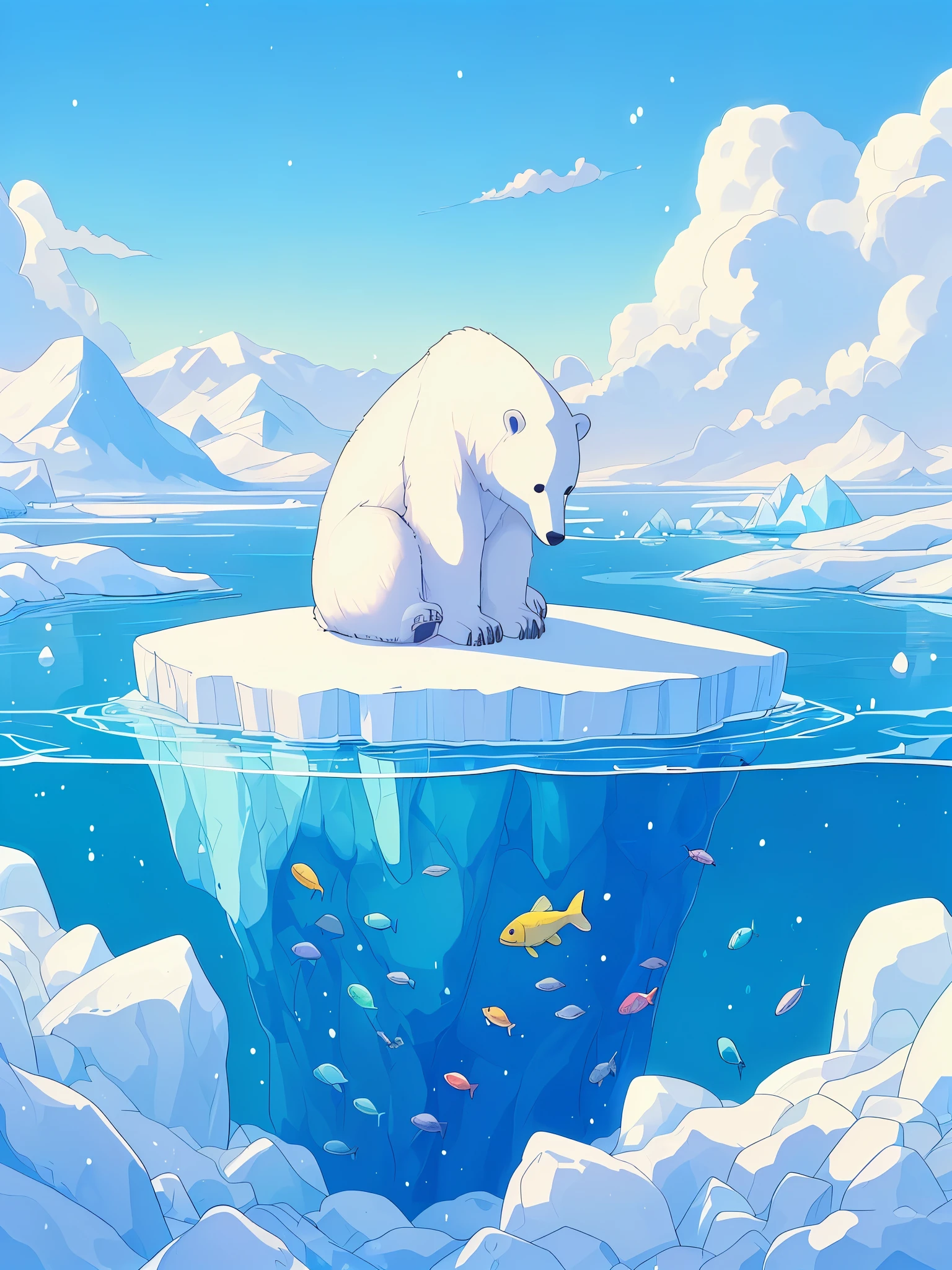 Draw an anime simple art scene of polar bear sitting on small ice berg looking for fish below ice sheet, arctic, beautiful tones, cloudy sky, no human, vibrant color tones,