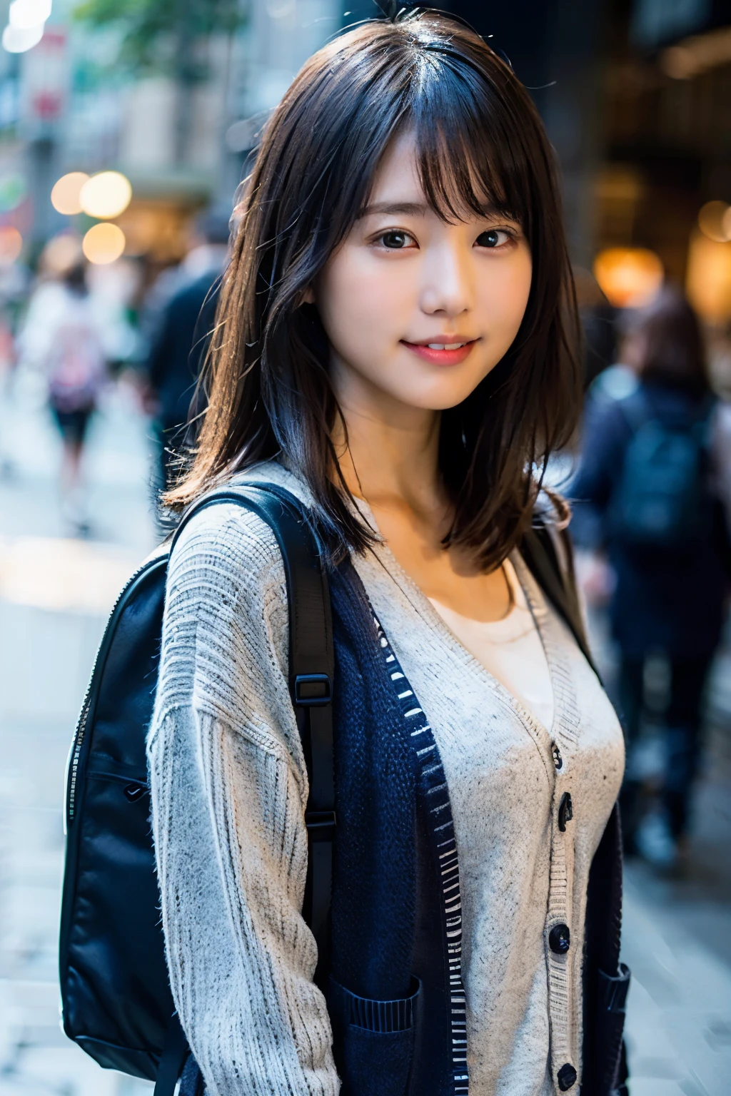 (8K、Raw photography、top-quality、​masterpiece:1.2)、(realisitic、Photorealsitic:1.37)、ultra-detailliert、超A high resolution、女の子1人、see the beholder、beautifull detailed face、A smile with a little visible teeth、Constriction、(Slim waist) :1.3)、((Wearing a navy cardigan))、pastel clothing、Beautiful detailed skin、Skin Texture、Floating hair、((Long))、large breasts with good shape、Professional Lighting、In front of the station at noon、Whole human body、Black hair、((Have a small rucksack))、