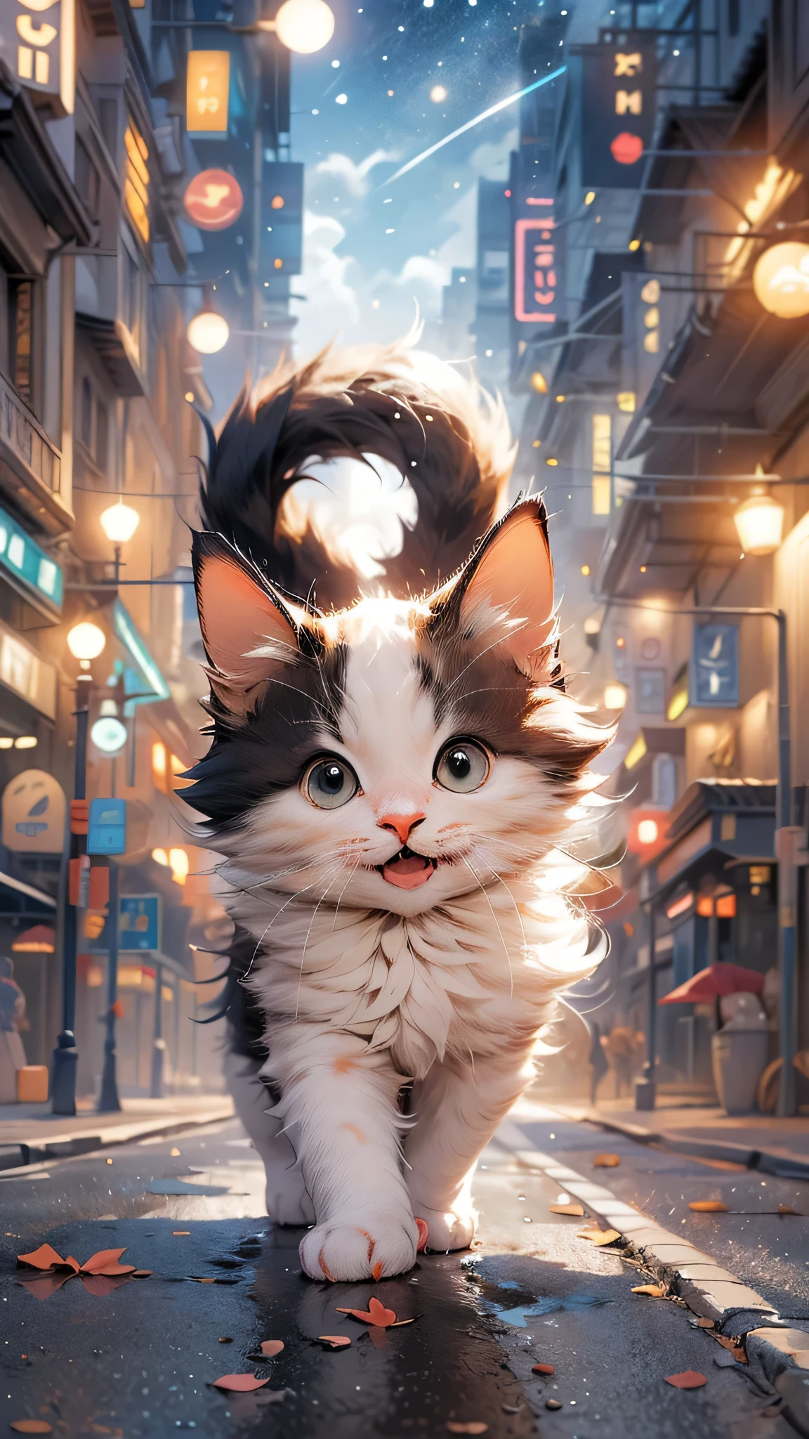 (masterpiece:1.2, high quality),Cat runs towards the audience, a white cat,Shallow depth of field at close range,ridiculous, high resolution, super detailed, charming, Science fiction, future city center,night,Neon sign road,