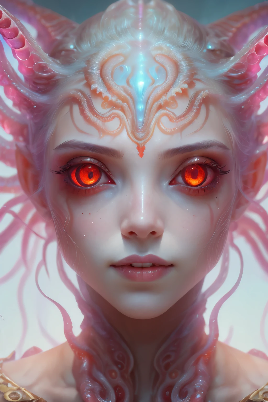 scary and  detailed art in color, Portrait, (beautiful and  female alien:1.4), (vulgarity1.5), (she has glowing red eyes with no pupils:1.8), (Translucent skin:1.7),  ((There is a female -like organ in the middle of the forehead:1.9)), (The most beautiful face in the history of the universe:1.2),an evil gaze that seduces, (large mouth:1.1), (sharp teeth like a vampire:1.2), Full body portrait, (bio luminescent:1.5), (Smile wickedly:1.3),  (sexypose:1.5), incredibly beautiful matured alien, (she has unparalleled beauty:1.5),  No humans, cells are fused, (Lots of translucent tentacles:1.6) extraterrestrial, cell, bio image, best quality, 8K,In 4K_quality, High freshness, Dramatic Lighting, masterpiece:1.5, cinematic quality, detail up, (exquisite details:1.2), high resolution, High freshness, drawing faithfully, (Thick eyebrows:1.2), Beautiful eyes with fine symmetry, (Highly detailed face and eyes:1.2),  (Super detailed skin quality feeling:1.1), perfect ,  (Beautiful toned body:1.5),  (Moist skin:1.2), not wearing makeup, (dark circles:1.1), long canines, cinematic drawing of characters, ultra high quality model, cinematic quality, detail up, (exquisite details:1.2), high resolution, High freshness, drawing faithfully, official art, Unity 8K Wall  , 8K Portrait, best quality, Very high resolution, ultra detailed artistic photography, midnight aura,  unreal engine 5, Ultra Sharp Focus, art by Amano Yoshitaka, ArtGerm, Roisch, intricate artwork, best quality, masterpiece, ultra high resolution, (photos realistic:1.4), ultra realistic realism, dream-like, nautilus, Creation of fantasy, Snail, Dream Snail, (biopunk nautilus:1.3),Thrilling color schemes, ultra realistic realism, seductively smiling, | (white tentacles with stripes:1.2), | subtle emerald green accents, (expression of :1.6) , in the dark, she has snake-like eyes