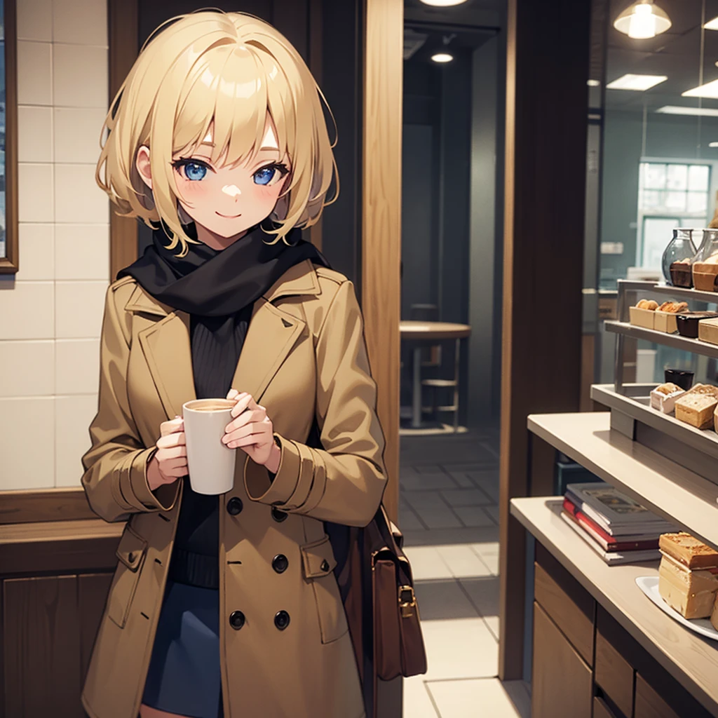 Masterpiece, solo, 1girl, smiling, scarf, coat, short skirt, short blonde hair, cafe