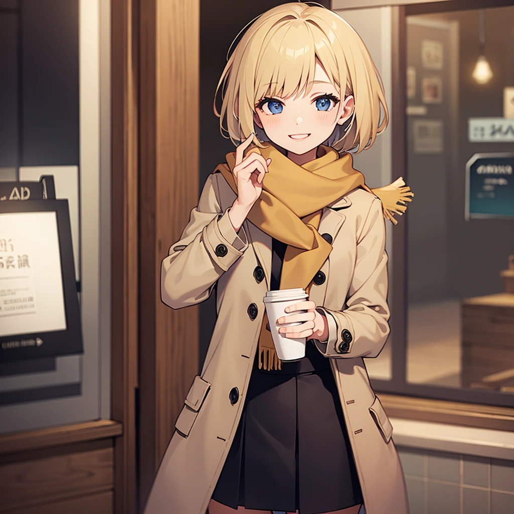 Masterpiece, solo, 1girl, smiling, scarf, coat, short skirt, short blonde hair, cafe