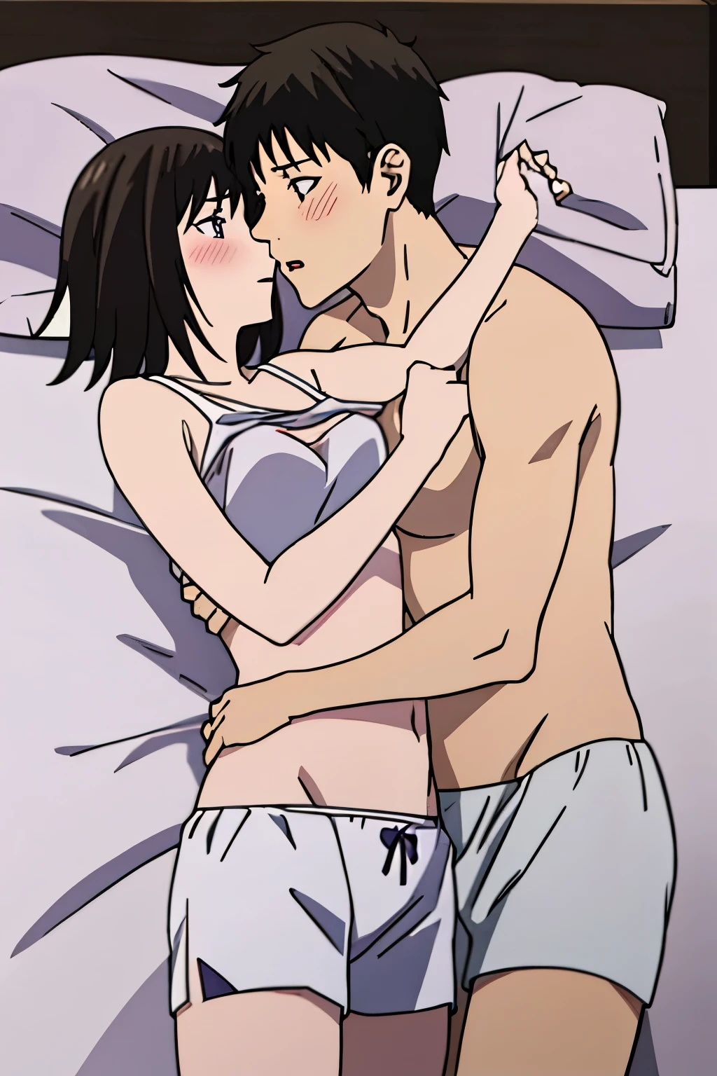 1boy, buzzcut, blush, muscular, topless, white shorts, hug, buzzcut boy_on_top, lying, purple eyes, 1girl, bangs, bed sheet, black hair, blush, breasts, medium breast, gym short sleeve white shirt, gym shorts, shirt lift up, white bra, white panties, medium breast, parted lips, cowboy shot, groin, lying, medium breasts, on back, passionate hug, kiss cheek lick, girl_on_below