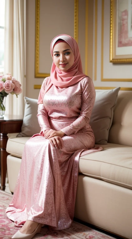(Close Up),RAW, Best quality, high resolution, masterpiece: 1.3), beautiful Malay woman in hijab,Masterpiece, perfect fit body, ((Huge breast)), big gorgeous eyes, Soft smile,beautiful face,thick thighs, woman in a pink dress sitting in a living room, wearing pink floral gown, idian dress, modest flowing gown, full covered dress, long dress female, pink dress, pastel pink, full dress, dressed in a pink dress, frock, elegant dress, royal gown, wearing long gown, gown, ao dai, hijabi, she is smiling,Delicate turtleneck, shairband, afternoon walk, City garden, Excellent lighting, Bright colors, Clean lines