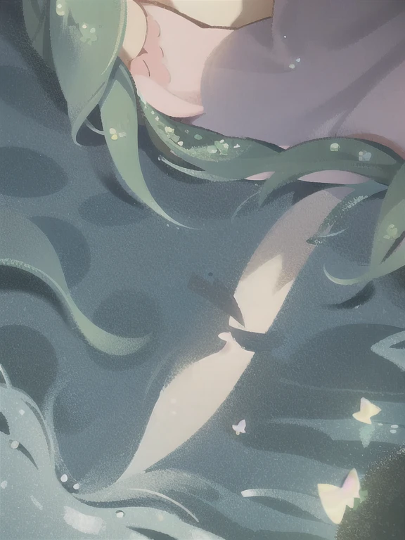 (best quality:1.3),(bed:1.3),(illustration:1.3),(Super detailed:1.3),(imide shot:0.9),, , , 1 girl in,alone,very young,Upper body,short neck,Small,, , from the side,from below,close up,, , , purple eyes,eyes like gems,extremely detailed eyes,The facial details are particularly rich,(smile:0.8),(open mouth:0.3),, , , sewage, hazy water, float, The stench of decay, unforgettable melody, Scattered syringes, The tainted mystery, Abandoned tranquility, forgotten road, Pebble river bed , double tail, maid,green hair