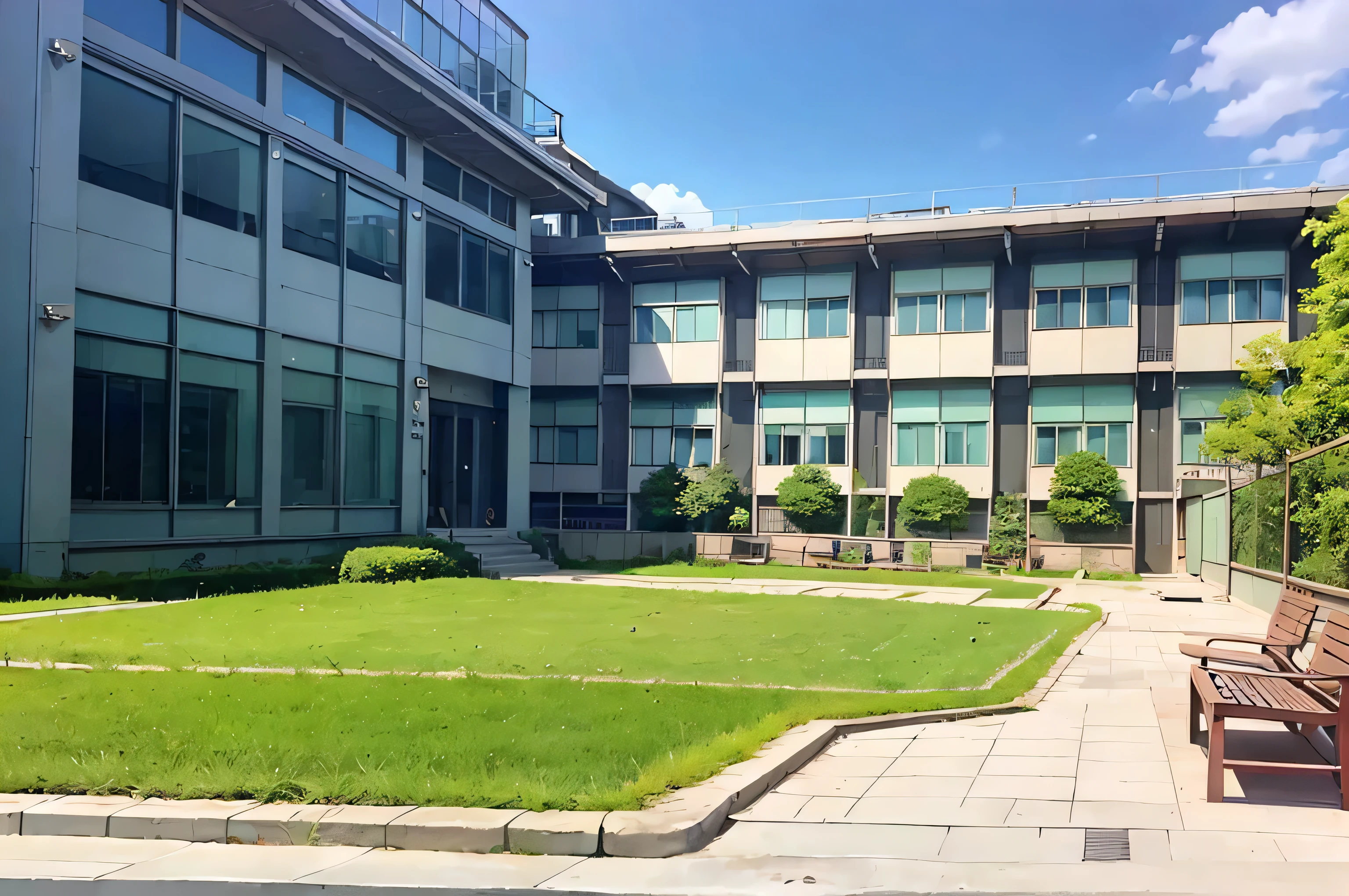 Japan High School Building、courtyard、bench、blue sky、Nobody is here