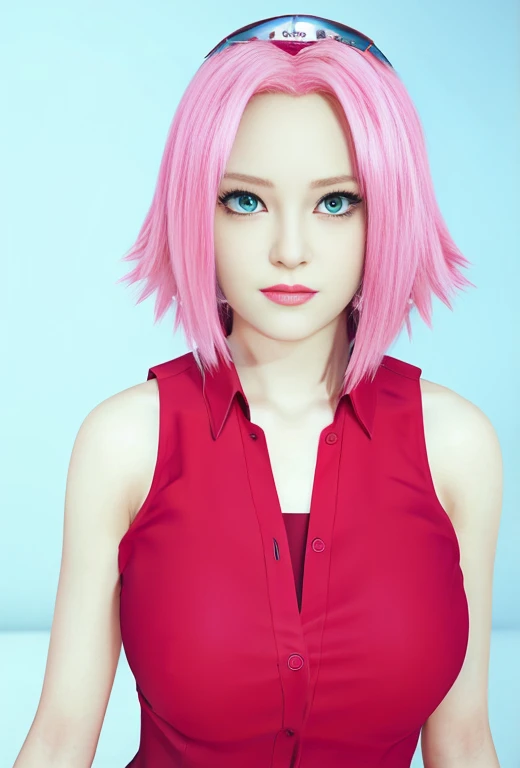 young woman, white skin, short pink hair, wide forehead, big emerald green eyes, buttoned nose, peach lips, red vest,
Sakura Haruno, realism, 3d
