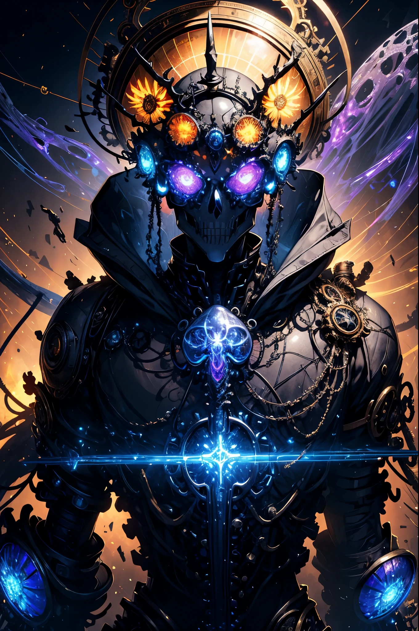 (Masterpiece, best quality :1.3), ultra-detailed, intricate, 8k, HDR, wallpaper, blue-gold color scheme, (glowing red, cross-shaped glow, blooming flowers)), gun, (shooting position), Glow, Royal Crown, armor, Glowing red eyes, Metal Mecha, metal wings, The hornetal skull inhabited by dreamlike transparent jellyfish)), the abstract twisted jellyfish tentacles, the cluster of transparent jellyfish tentacles above the skull, (black sunglasses, highly reflective lenses, rainbow around the skull), the energetic circular composition only illustrates the influence of various structural forces (steampunk decorative elements, cogs, and other elements). Pointer, chain decoration combination,