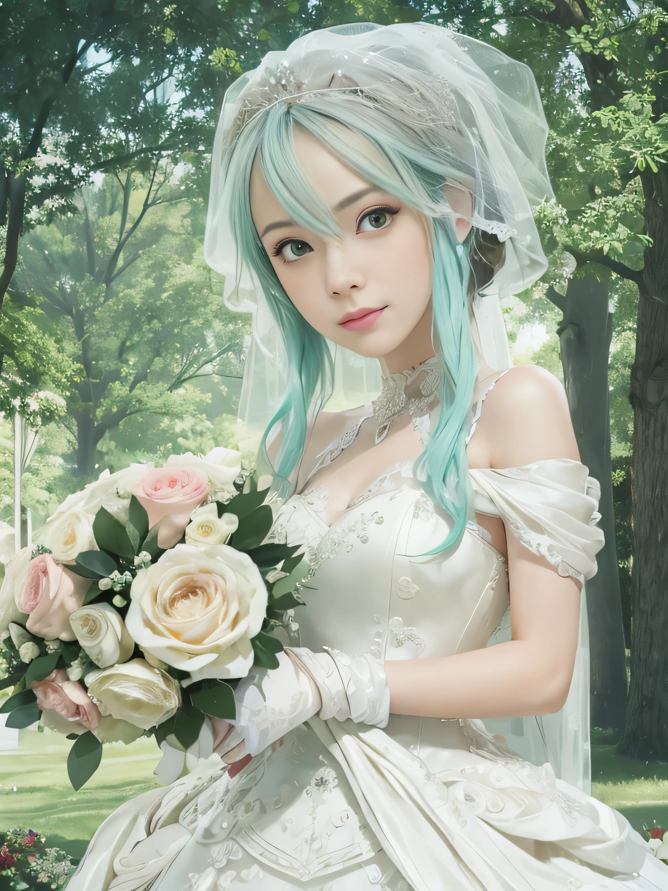 masterpiece, best quality, (realistic,photo-realistic:1.4), (RAW photo:1.2), extremely detailed CG unity 8k wallpaper, delicate and beautiful, amazing,finely detail, official art, absurdres, incredibly absurdres, huge filesize, ultra-detailed,extremely detailed eyes and face,light on face,little smile,cyan hair,short hair,sidelocks,sinon,wearing scarf,(wedding dress:1.5),hair ornament,