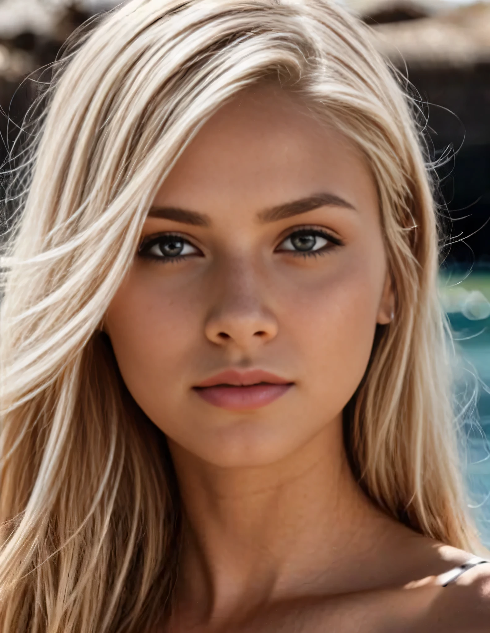 a woman with long blonde hair and a blue top posing in front of a pool, a gorgeous blonde, blonde and attractive features, gorgeous attractive face, extremely beautiful face, beautiful blonde girl, attractive beautiful face, beautiful face and flawless skin, blonde hair and large eyes, detailed perfect face, beautiful blonde woman, a girl with blonde hair, gorgeous face, flawless face