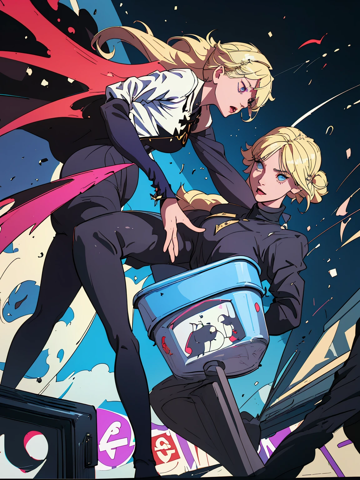 a young blonde angel and in opposition a devil-like young woman as dark satan with microphones in enormous exaggerated clothes flying on a cloud through the blue universe, contrasting, polarizing, trash tv style, tv-series cover of big brother, magical light, religious symbols and christian art, andy warhol style --v 6.0
