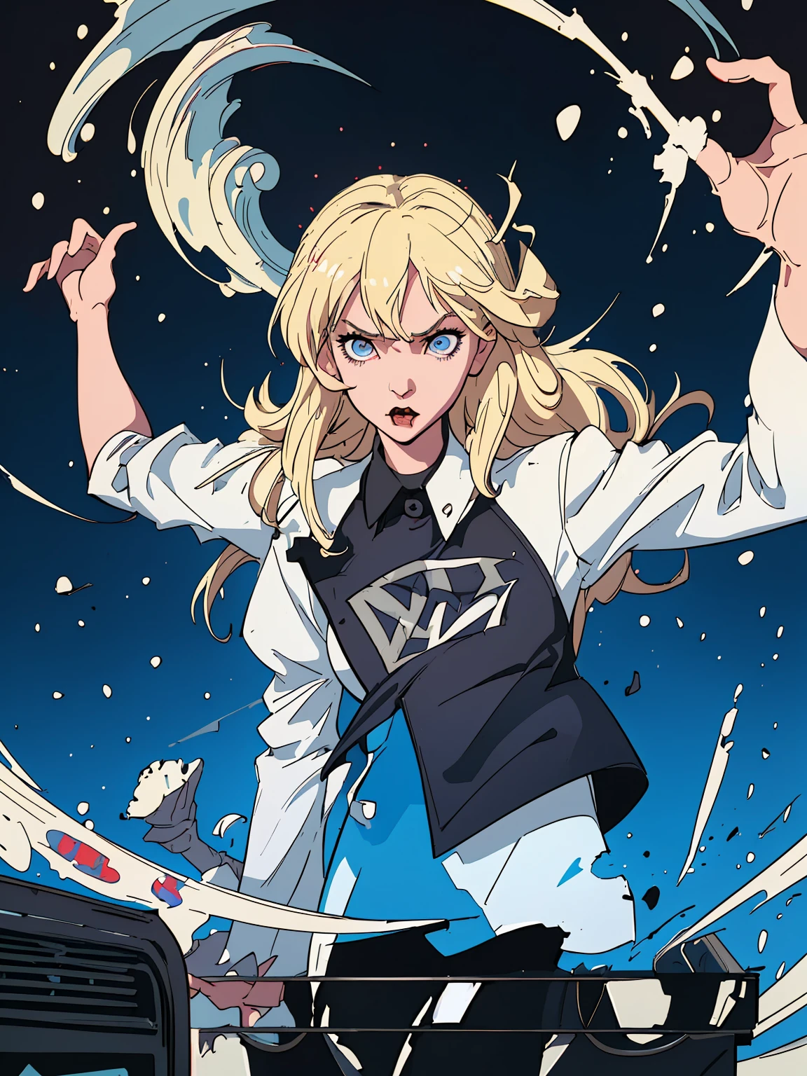 a young blonde angel and in opposition a devil-like young woman as dark satan with microphones in enormous exaggerated clothes flying on a cloud through the blue universe, contrasting, polarizing, trash tv style, tv-series cover of big brother, magical light, religious symbols and christian art, andy warhol style --v 6.0