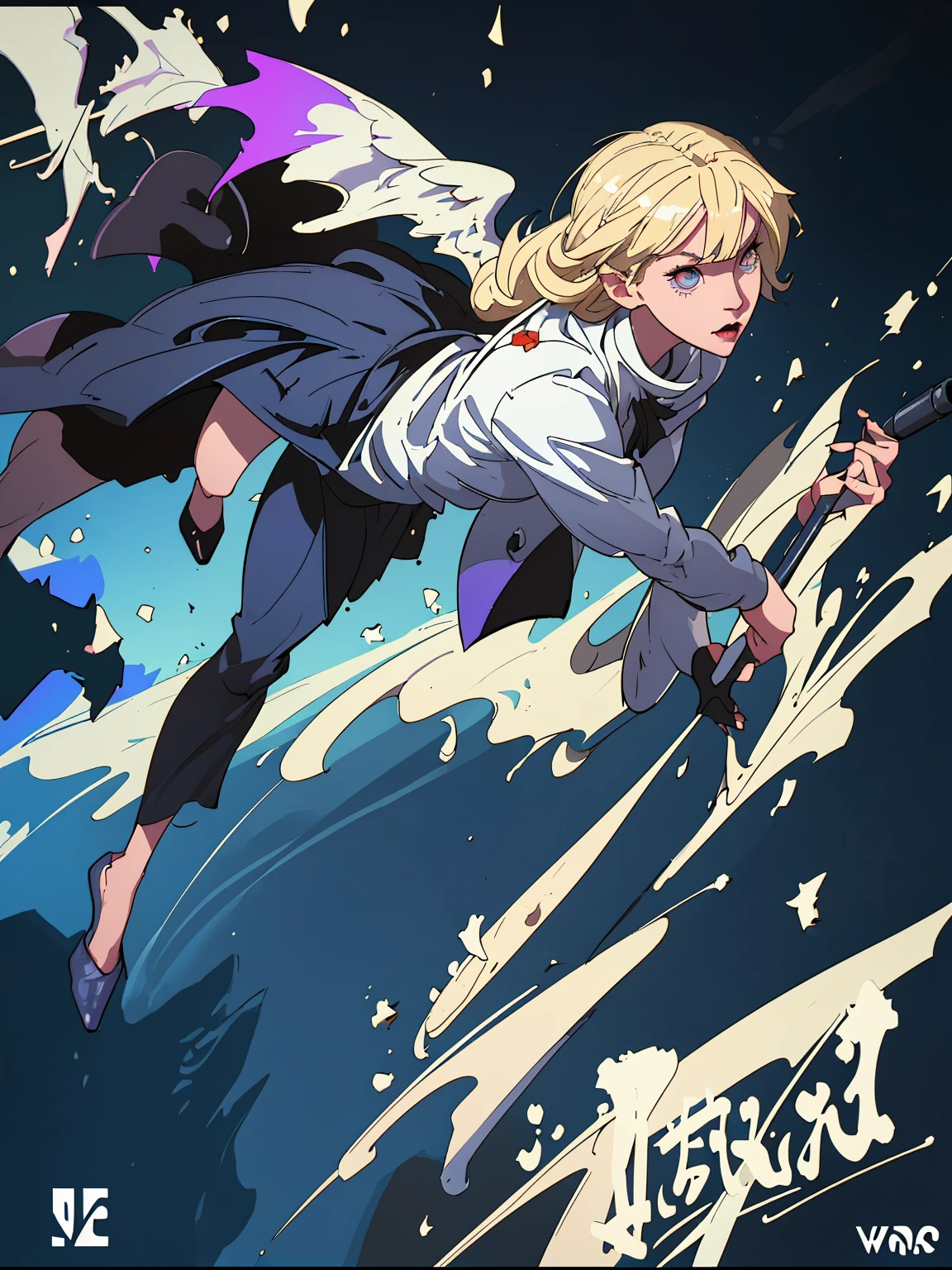 a young blonde angel and in opposition a devil-like young woman as dark satan with microphones in enormous exaggerated clothes flying on a cloud through the blue universe, contrasting, polarizing, trash tv style, tv-series cover of big brother, magical light, religious symbols and christian art, andy warhol style --v 6.0