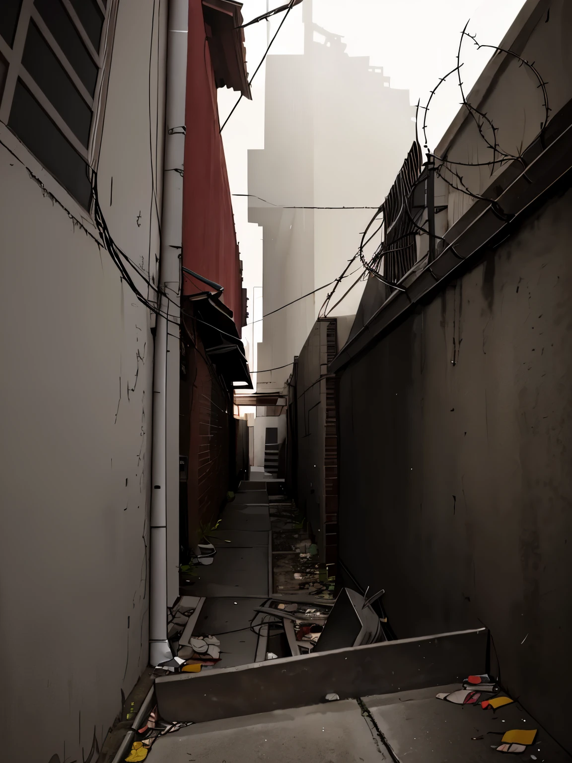 there  a brick wall with a barbed wire fence on it, back alley, alley, in a narrow chinese alley, alleyway, alleys, location [ chicago ( alley ) ], in an alley, taken with a canon dslr camera, street level view, shady alleys, an abandonded courtyard, in an alleyway during the purge. Give dada effect.
