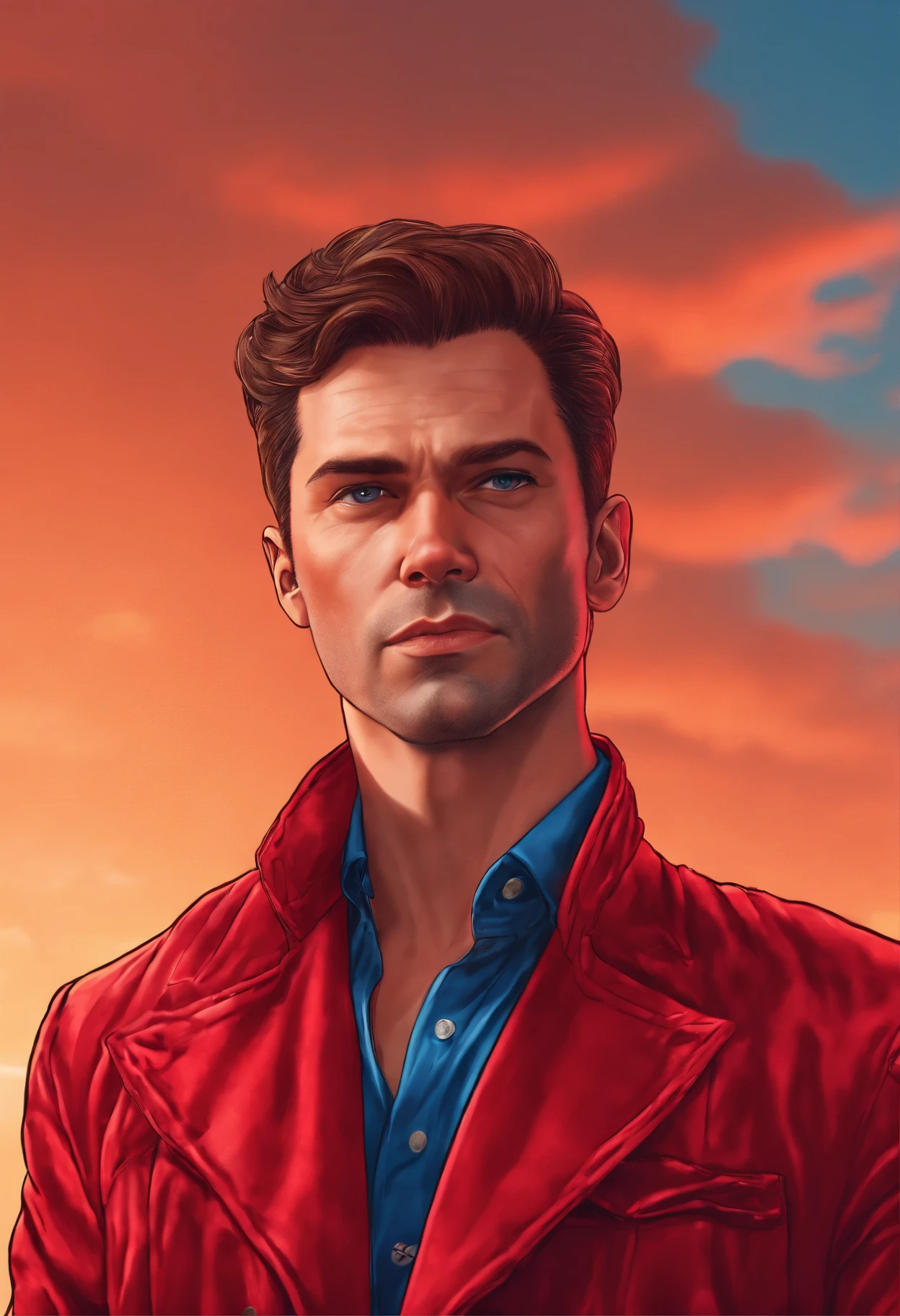 Solo, male focus, (masterpiece, ultra quality, high resolution, 8k, intricate: 1.2), (detailed face:1.2), mysterious, mature adult male , , detailed skin, A handsom man in red, photo in the style of Patrick Demarchelier. 
(Dressed in a red velvet jacket and  blue jeans:1.2),Tall and fit , ( 40 years old :1.2), (shaven:1.2), (very short brown hair:1.3), ((very short hair:1.3)). 
in the style of ethereal beauty, Realistic blue sky, Hasselblad 1600F, Hyperrealistic portrait, couleurs vives, Lignes dynamiques, lisse et poli .