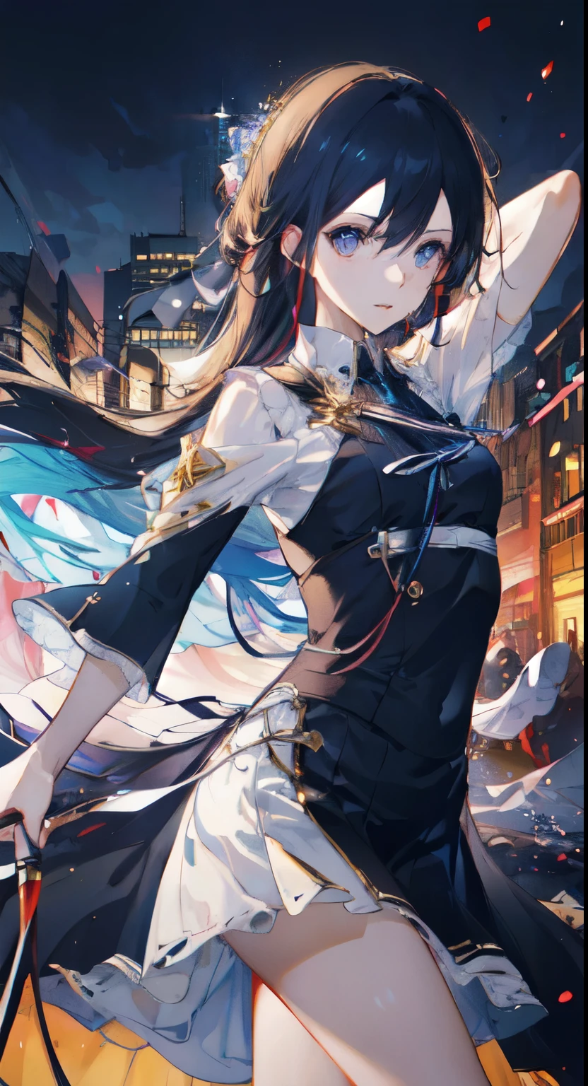 close up， very long hair, , professional artwork, intricate details, vision,maidennurse短裙服装，sharp focus, Detailed picture, Realistic lighting, Popular topics on pixiv, Standingatattention, ((maidennurse)), beautiful body,beautiful nose,Beautiful character design, perfect eyes, Perfect Face, view viewer, SFV,official art,Extremely detailed CG unified 8k wallpaper, perfect lighting,colorful, bright_street frontage_Face_Lighting project:1.0),(the best_quality:1.0), 超high resolution,4K,Super detailed, photography, 8K, high dynamic range, high resolution, Huang Li:1.2, Cordas Portela 400, film grain, background blur, Bokeh:1.2, lens flare glow, (A vibrant one_color:1.2), (Its appearance), ((view viewer, dancing pose))Female Kirito，black stockinglack hair))