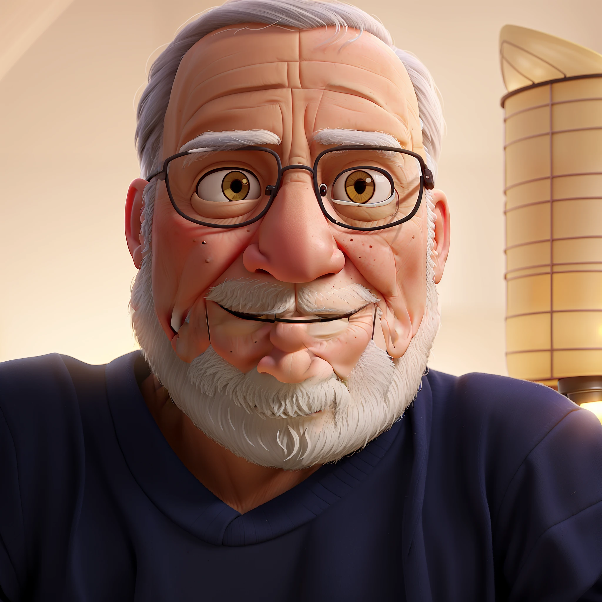 A wise old man standing in front, illuminated by the light of a lamp, against the backdrop of a library
