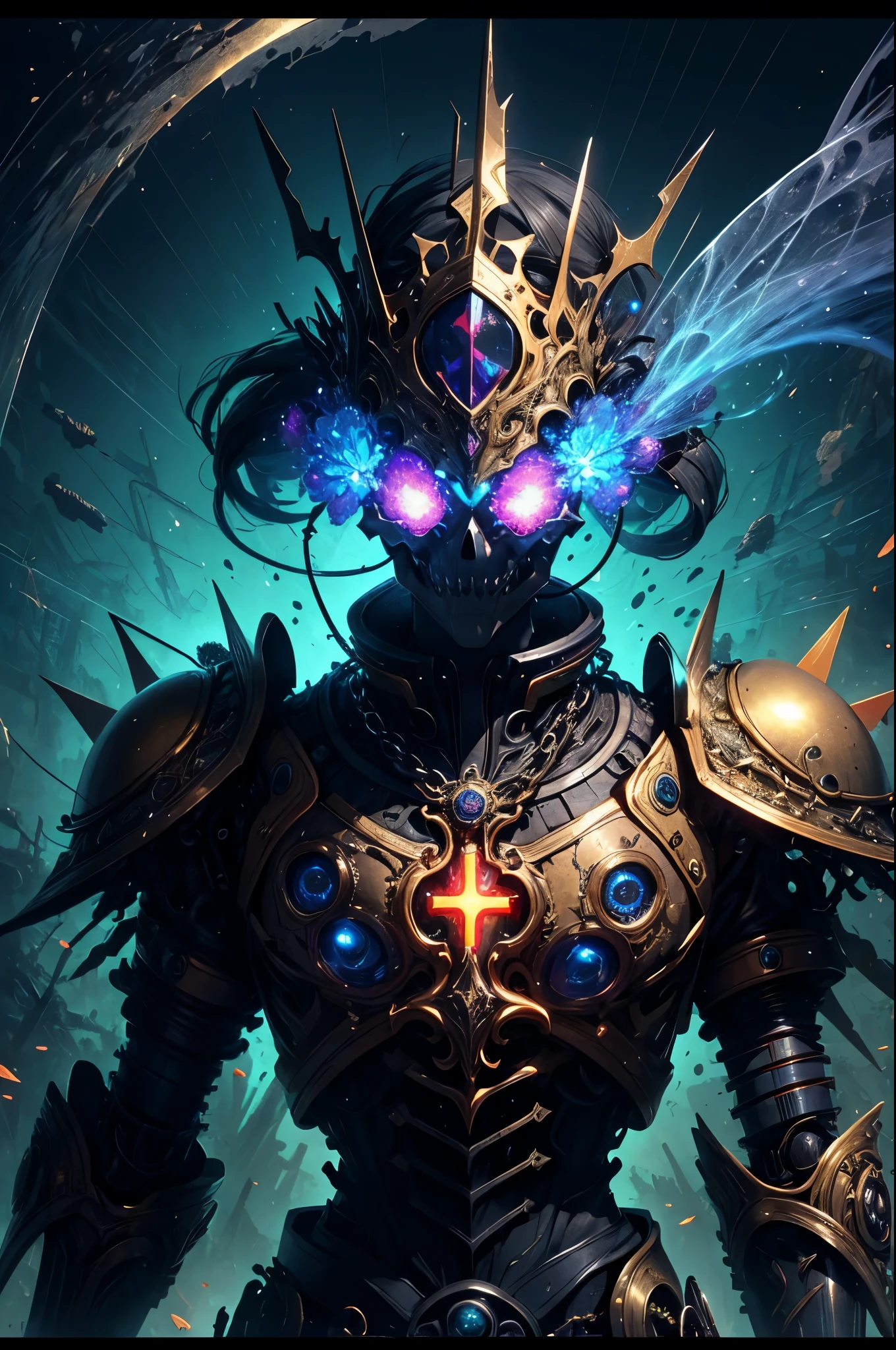 (Masterpiece, best quality :1.3), ultra-detailed, intricate, 8k, HDR, wallpaper, blue-gold color scheme, (glowing red, cross-shaped glow, blooming flowers)), gun, (shooting position), Glow, Royal Crown, armor, Glowing red eyes, Metal Mecha, metal wings, The hornetal skull inhabited by dreamlike transparent jellyfish)), the abstract twisted jellyfish tentacles, the cluster of transparent jellyfish tentacles above the skull, (black sunglasses, highly reflective lenses, rainbow around the skull), the energetic circular composition only illustrates the influence of various structural forces (steampunk decorative elements, cogs, and other elements). Pointer, chain decoration combination,