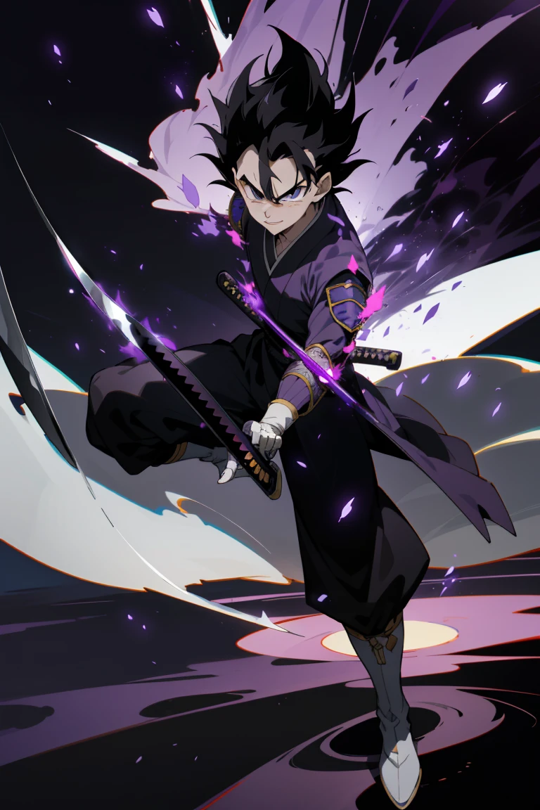masterpiece, best quality, 1boy, vegeta, Black hair, upper white armor, kimono black clothes, white gloves, white boots, black eyes, spiky hair, hollow mask, (katana:1.4), zanpakutou, smiling,( at night:1.4), night, low light, natural light, fighting pose, damaged clothes, damaged skin, street, japanese street, low light, light rays, aura power, (purple particles:1.4),(floating particles:1.4), doing a power, angry eyes, looking ahead, male focus, muscles, movie composition, deth of field, bokeh, standing, full body  