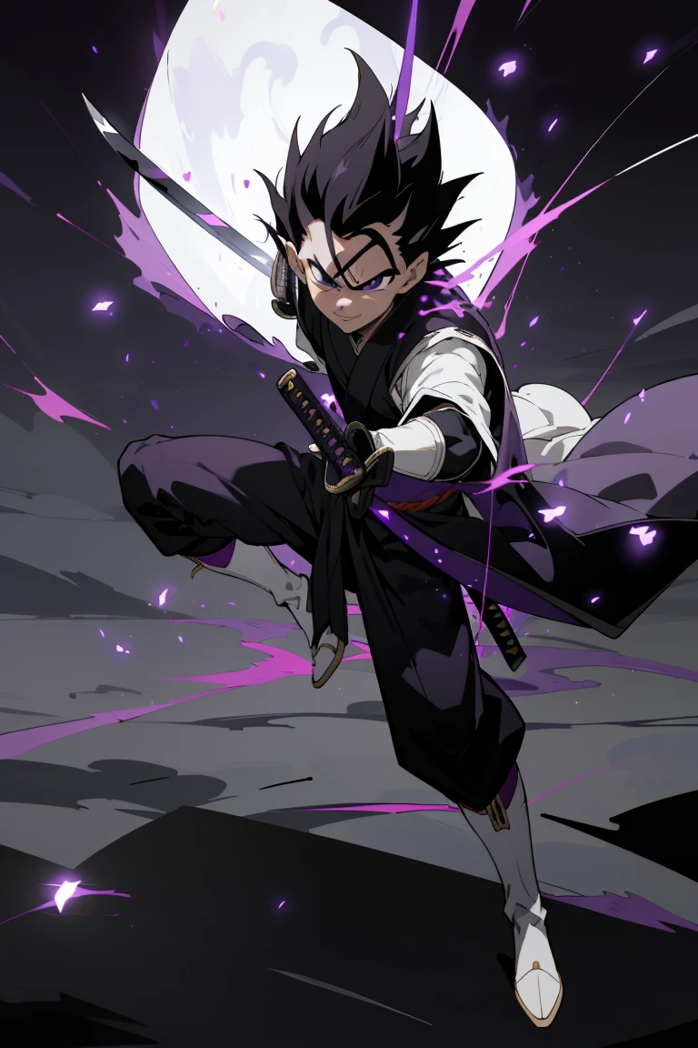 masterpiece, best quality, 1boy, vegeta, Black hair, upper white armor, kimono black clothes, white gloves, white boots, black eyes, spiky hair, hollow mask, (katana:1.4), zanpakutou, smiling,( at night:1.4), night, low light, natural light, fighting pose, damaged clothes, damaged skin, street, japanese street, low light, light rays, aura power, (purple particles:1.4),(floating particles:1.4), doing a power, angry eyes, looking ahead, male focus, muscles, movie composition, deth of field, bokeh, standing, full body