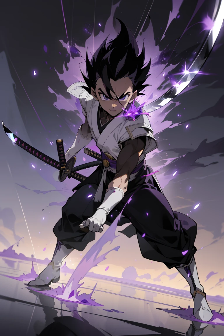 masterpiece, best quality, 1boy, vegeta, Black hair, upper white armor, kimono black clothes, white gloves, white boots, black eyes, spiky hair, hollow mask, (katana:1.4), zanpakutou, smiling,( at night:1.4), night, low light, natural light, fighting pose, damaged clothes, damaged skin, street, japanese street, low light, light rays, aura power, (purple particles:1.4),(floating particles:1.4), doing a power, angry eyes, looking ahead, male focus, muscles, movie composition, deth of field, bokeh, standing, full body
