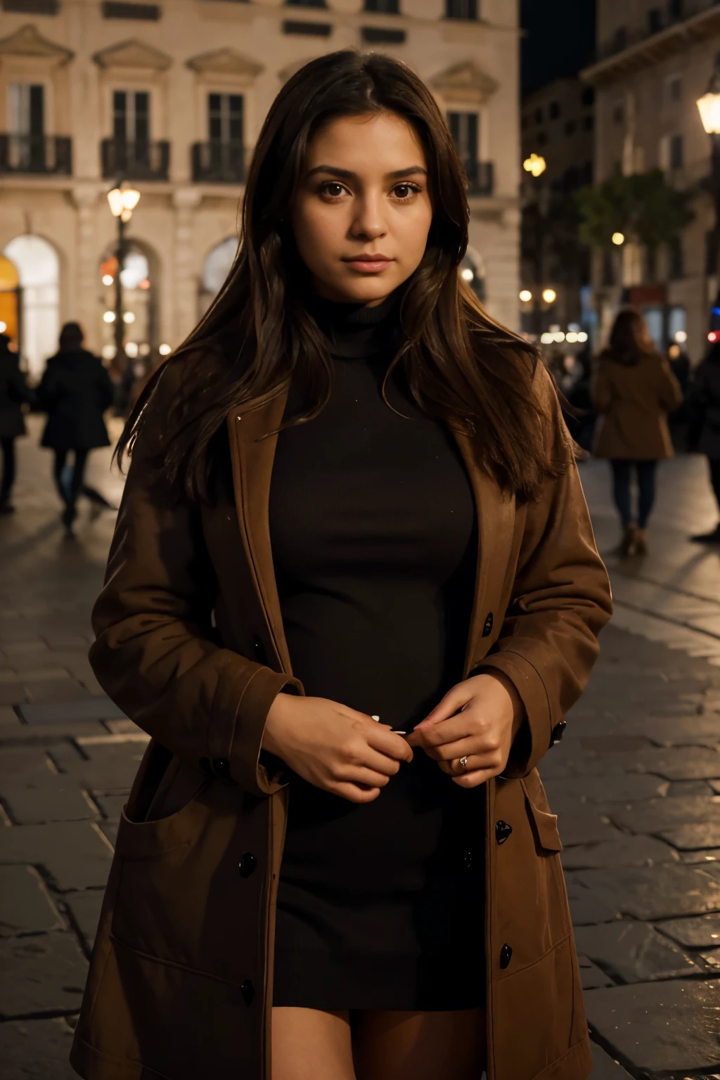 hyperrealism photography, Cute little girl, 30 years old, Cabello largo moreno, cold weather , wearing a caputto, 64k, dark brown hair, sosteniendo una bolsa Dior, con camisa ajustada, Milano main square, Long dark brown hair, cuerpo perfecto, Modelo que busca, Realistic photo of a girl, vistiendo un vestido largo y ajustado roso, oscuro afuera, Just after sunset, keeping her hands behind her,same two eyes, brown eyes,big brown eyes ,coat big