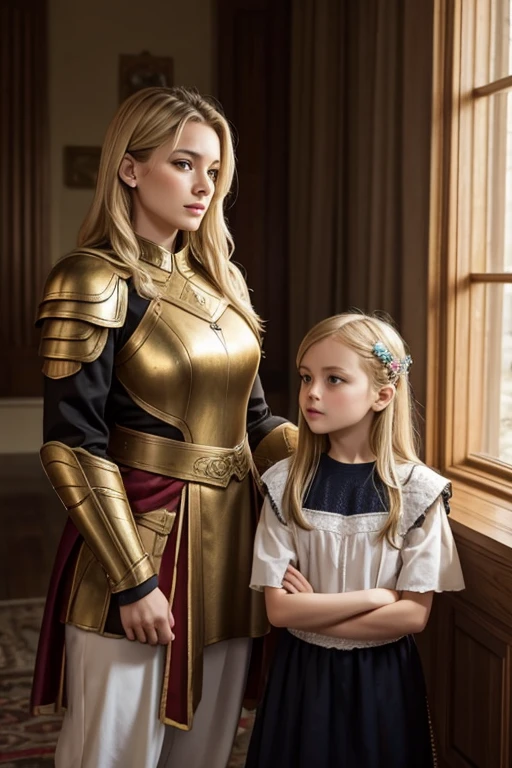 russian family,mom and daughter, mom with short hair, general, blondes, perfect face, roman armor, and daughter with long hair, soft lesbians