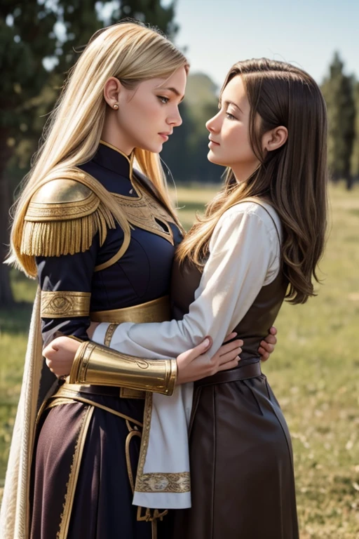 russian family,mom and daughter,  mom with short hair, general, blondes, perfect face, roman armor, and daughter with long hair, soft lesbians