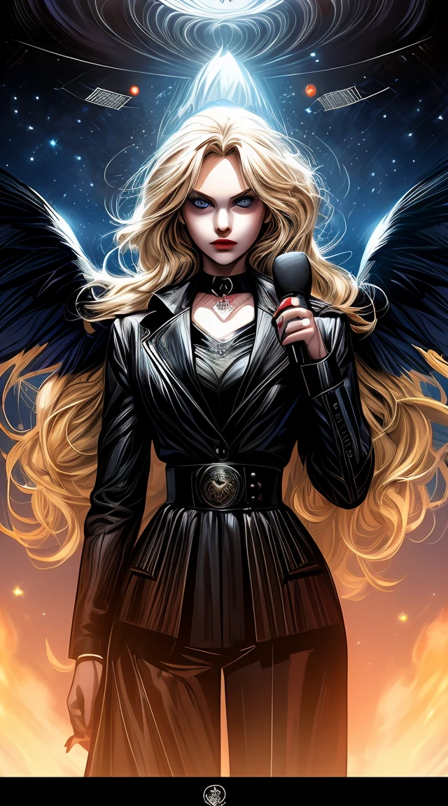 a young blonde angel and in opposition a devil-like young woman as dark satan with microphones in enormous exaggerated clothes flying on a cloud through the blue universe, contrasting, polarizing, trash tv style, tv-series cover of big brother, magical light, religious symbols and christian art, andy warhol style --v 6.0