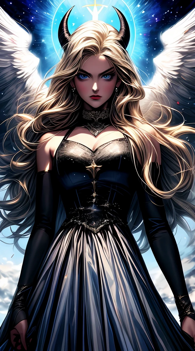 a young blonde angel and in opposition a devil-like young woman as dark satan with microphones in enormous exaggerated clothes flying on a cloud through the blue universe, contrasting, polarizing, trash tv style, tv-series cover of big brother, magical light, religious symbols and christian art, andy warhol style --v 6.0