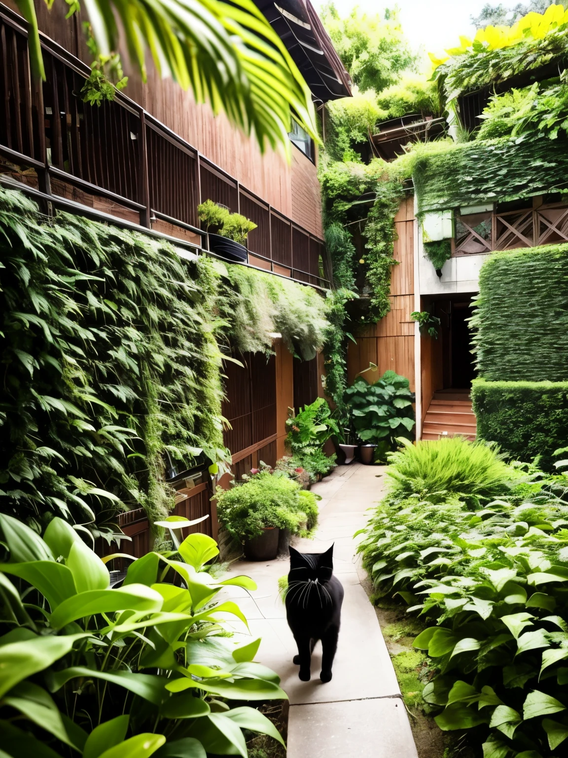 there  a cat walking on the sidewalk next to a building, amidst of nature fully covered, overgrown with plants, overgrown garden environment, few overgrown plants, overgrown with lush plants, overgrown plants, nature taking over, day after raining, nature growing around the city, covered with vegetation, overgrown greenery, bushes and leafs