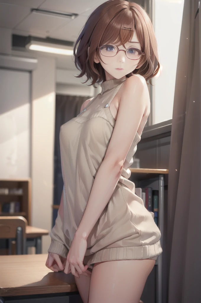 masterpiece、masturbation behavior、bob hair、Perm hair、colorful hair、colorful eyes、The only clothes I wear are sleeveless long sweaters.(Exposed shoulders)、sparkling eyes、Wear glasses、Secretly during class、In the classroom