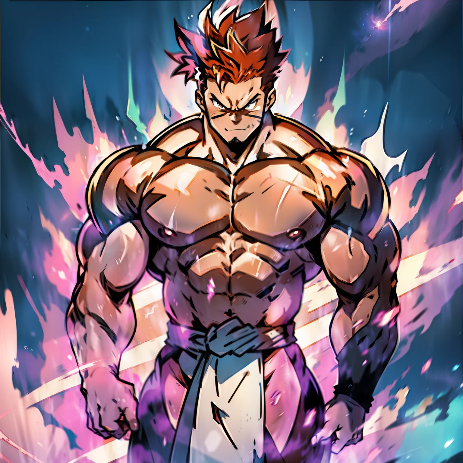 ((anime style art)), top picture, up and down angle, very muscular male character, bodybuilder black mohawk,beard、angry expression、Wear orange energy、super strong、Orange pillar of fire on the back、pink selfish secret effect pink effect、Wearing pink lightning　A beautiful picture of naked white loincloth, 