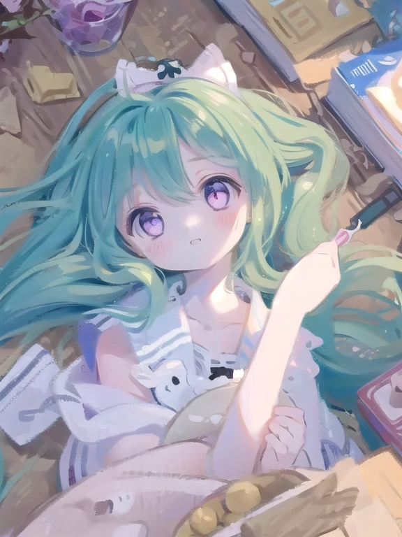 (best quality:1.3),(on the table:1.3),(illustration:1.3),(Super detailed:1.3),(imide shot:0.9),, , , 1 girl in,alone,very young,Upper body,short neck,Small,, , from the side,from below,close up,, , , purple eyes,eyes like gems,extremely detailed eyes,The facial details are particularly rich,(smile:0.8),(open mouth:0.3),, , , sewage, hazy water, float, The stench of decay, unforgettable melody, Scattered syringes, The tainted mystery, Abandoned tranquility, forgotten road, Pebble river bed , double tail, maid,green hair，Kneel down