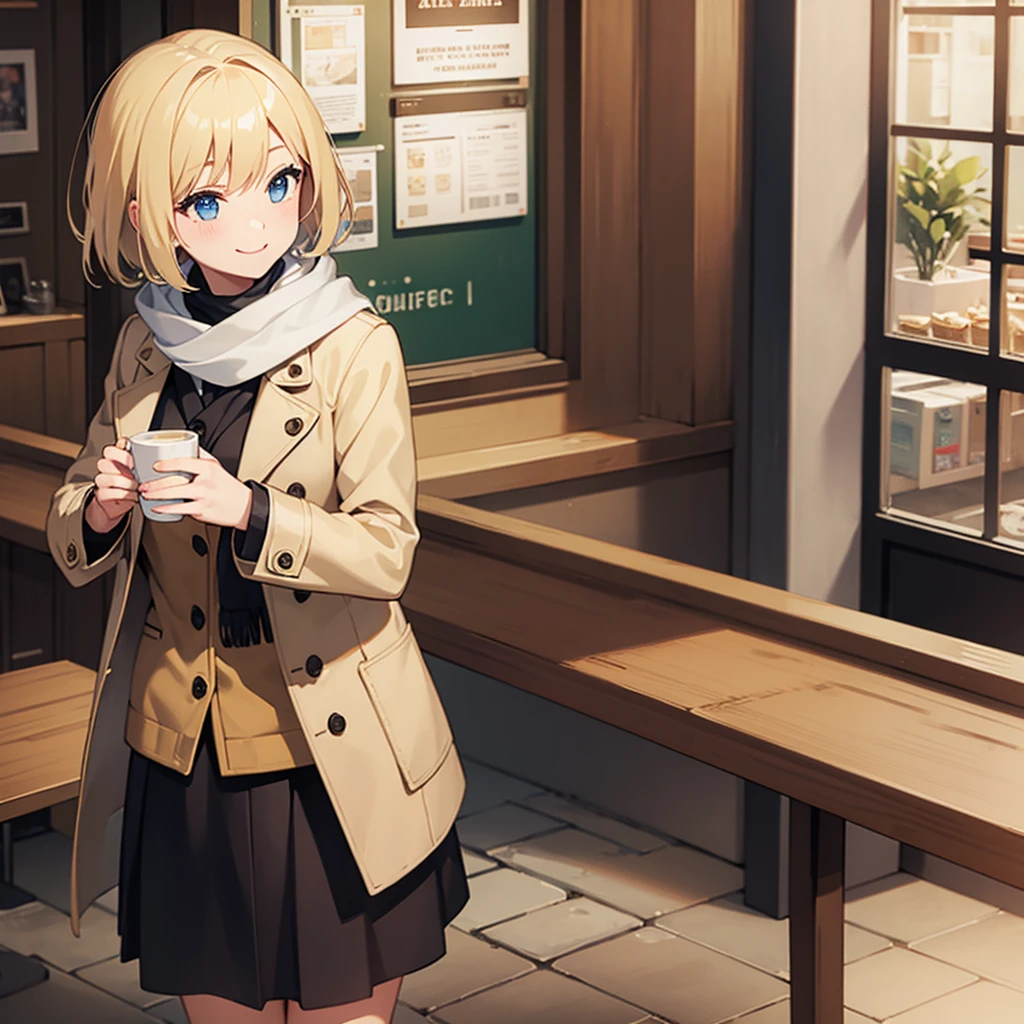 Masterpiece, solo, 1girl, smiling, scarf, coat, short skirt, short blonde hair, cafe 