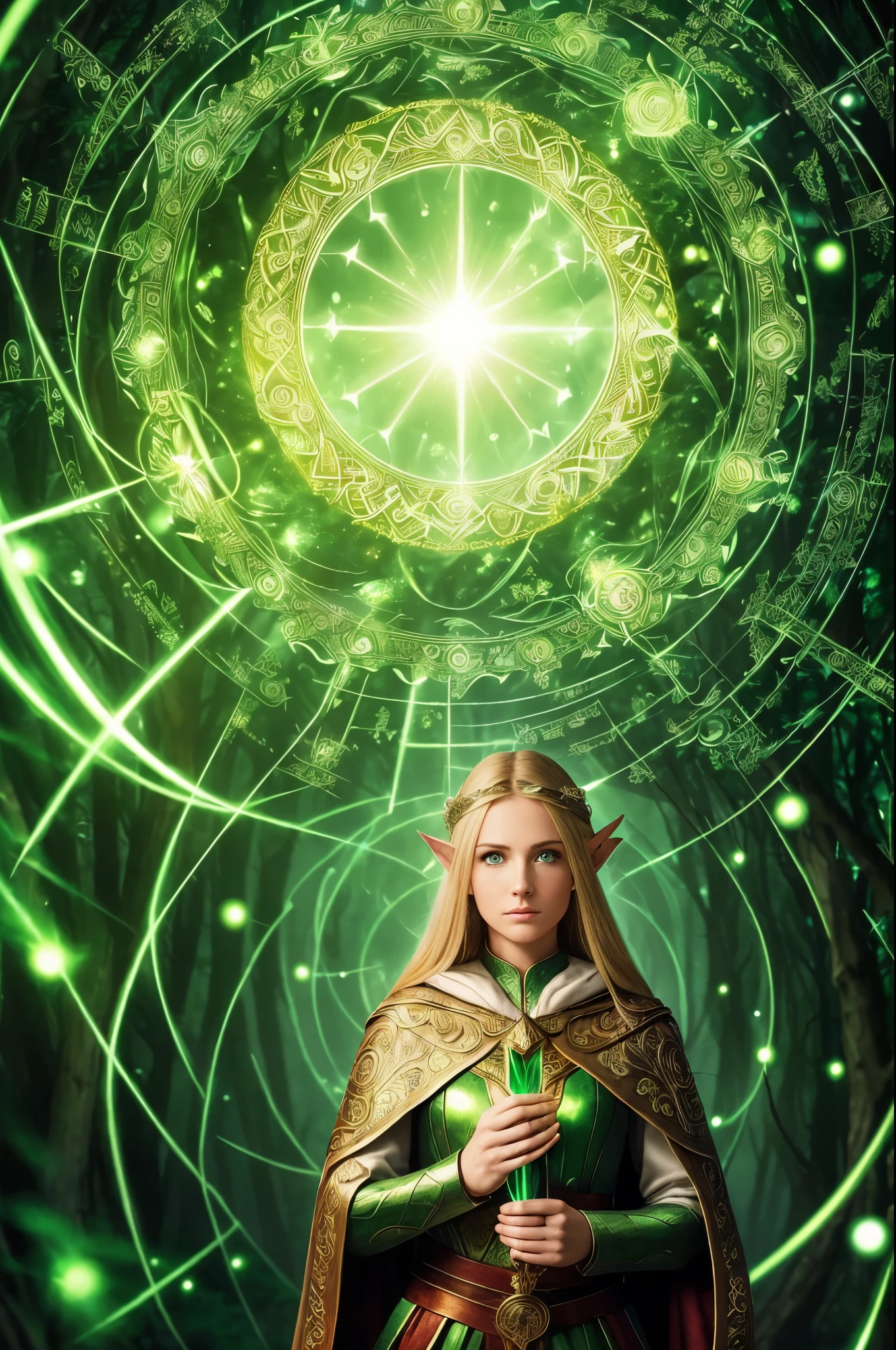 fantasy, Elf female, (best quality,Very detailed,masterpiece,human development report,ultra high definition,64K:1.professional,actual,original photo,bright colors, Gold embroidered white skirt, blonde long straight hair, Bright dark blue eyes, Gold embroidered red cape armor, Strong wind, Cast spells, Many glowing particles are flying, A whirlpool of light condensed in the hand, Light magic circles with densely drawn geometric patterns and magic letters on the background, Many glowing green arrows are released, forest, The magic circle reflected on the cloak