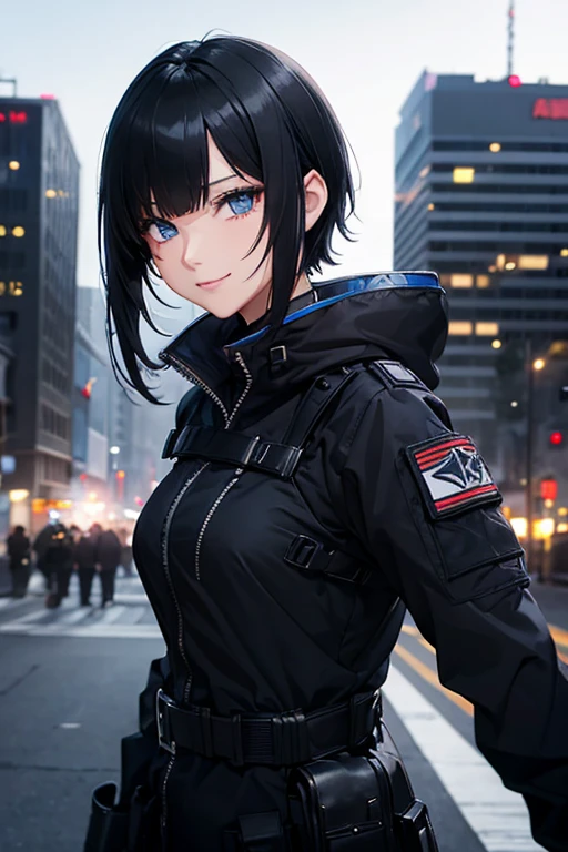 woman(solo)、messy black short hair、Narrow and sharp eyes、blue eyes、tall、black tactical coat、smart outfit、villain&#39;s smile、Dolls Frontline 、Sangvis Kozo、intruder、city of los angeles、night background、Smart Poses、high resolution、high quality、8K quality