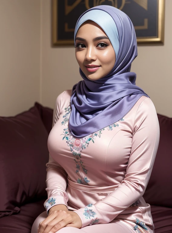 (Best quality, high resolution, masterpiece: 1.3), a beautiful malay woman in hijab, big breasts, slim figure, sweatshirt, beautifully presented details in the street and facial and skin texture, detailed eyes, double eyelids, big eyeschest visible, shirt openfeatures), HDR, 8k resolution, nice fingers, firm skin, (((high detail skin, visible pores))), 1 female, tall body, sitting on the bed, 30 years old, big breasts: 1.4, wearing Floral Silk Tight Malay Gamis Pastel Close Up Tight Hijab, Full Body, Beautiful Shy Smile, Wearing High Heels, In Lux