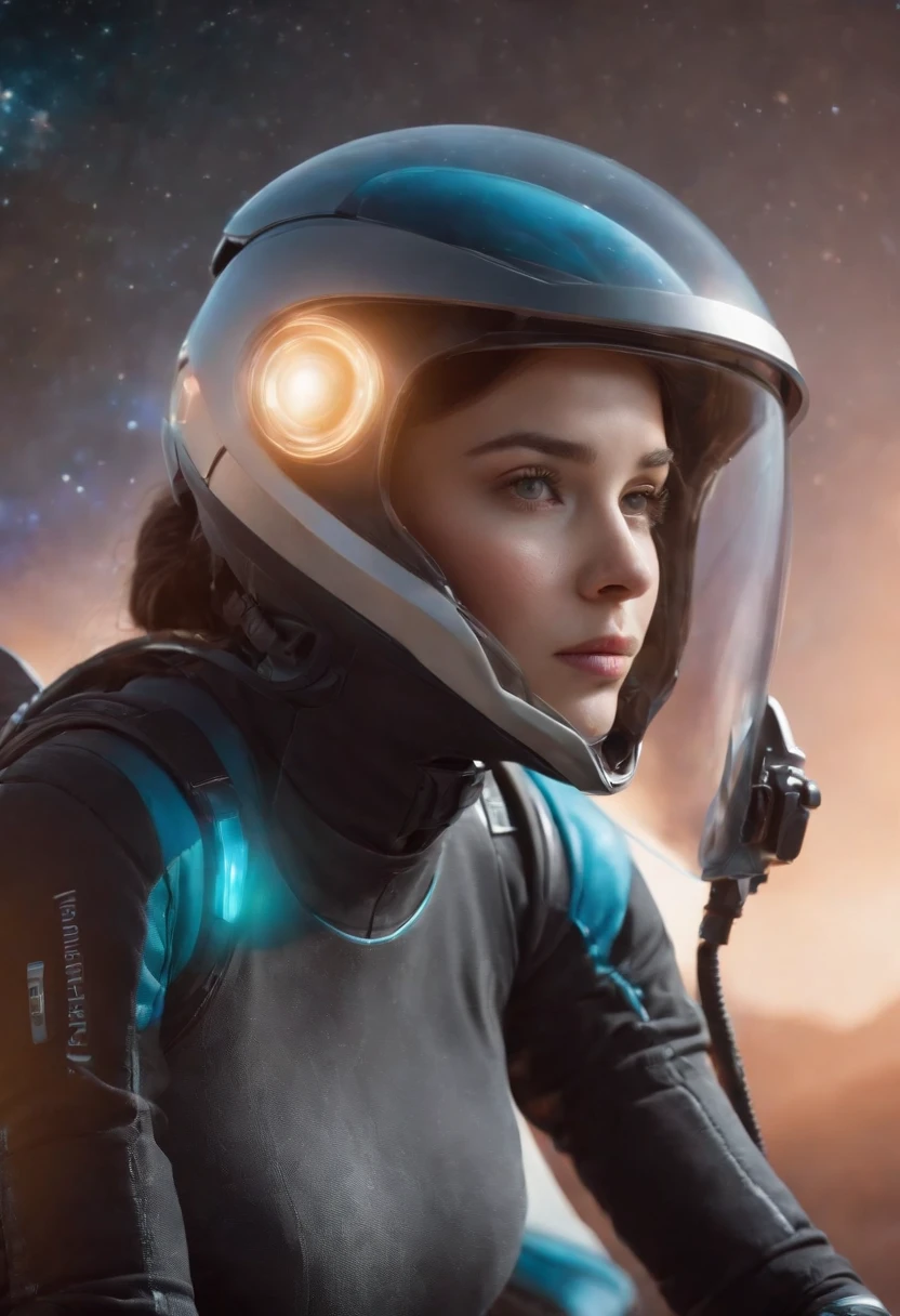 A futuristic people explorer, 1 girl, inspired by Pixar animation, up close, open helmet, traveling through the cosmos of creativity, medium breast, The colors are vivid and lush, with a touch of mystery, very detailed, 8k resolution