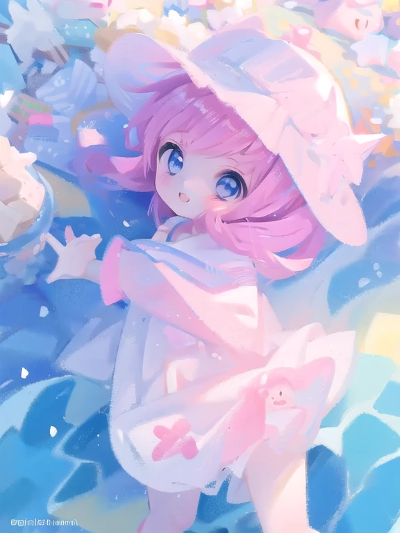 cute girl，A little ****，fair skinned，on the beach，cute smile，Bright pink swimsuit，blue eyes，delicate，emphasize，HD rendering，4K，Frontal close-up，wet，splashing white liquid，fall to the ground，blood spatter，