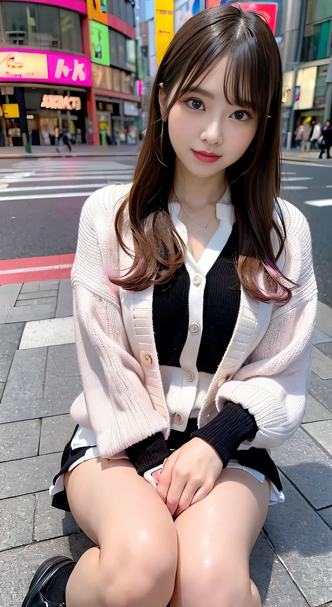 (8K、RAW photo、最high quality、masterpiece:1.2),detailed face and eyes,最high quality, ultra high resolution, very detailed ,intricate details ,table top ,pretty girl , soft light like a movie, hyper detail,sharp focus, high quality, blonde, long hair、chest comes out,((pink cardigan)),((white shirt)),(Black and white checked miniskirt)、(black sock rack shoes)、tokyo street、night、cityscape