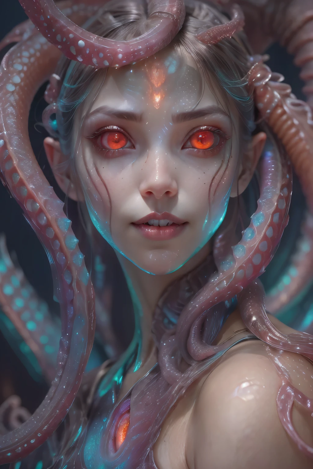 scary and sexy detailed art in color, Portrait, (beautiful and obscene female alien:1.4), (vulgarity1.5), (she has glowing red eyes with no pupils:1.8), (Translucent skin:1.7), ((There is a female genital-like organ in the middle of the forehead:1.9)), (The most beautiful face in the history of the universe:1.2),an evil gaze that seduces, (large mouth:1.1), (sharp teeth like a vampire:1.2), Full body portrait, (bio luminescent:1.5), (Smile wickedly:1.3), (sexypose:1.5), incredibly beautiful matured alien, (she has unparalleled beauty:1.5), No humans, cells are fused, (Lots of translucent tentacles:1.6) extraterrestrial, cell, bio image, best quality, 8K,In 4K_quality, High freshness, Dramatic Lighting, masterpiece:1.5, cinematic quality, detail up, (exquisite details:1.2), high resolution, High freshness, drawing faithfully, (Thick eyebrows:1.2), Beautiful eyes with fine symmetry, (Highly detailed face and eyes:1.2), (Super detailed skin quality feeling:1.1), perfect anatomy, (Beautiful toned body:1.5), (Moist skin:1.2), not wearing makeup, (dark circles:1.1), long canines, cinematic drawing of characters, ultra high quality model, cinematic quality, detail up, (exquisite details:1.2), high resolution, High freshness, drawing faithfully, official art, Unity 8K Wall , 8K Portrait, best quality, Very high resolution, ultra detailed artistic photography, midnight aura, unreal engine 5, Ultra Sharp Focus, art by Amano Yoshitaka, ArtGerm, Roisch, intricate artwork, best quality, masterpiece, ultra high resolution, (photos realistic:1.4), ultra realistic realism, dream-like, nautilus, Creation of fantasy, Snail, Dream Snail, (biopunk nautilus:1.3),Thrilling color schemes, ultra realistic realism, seductively smiling, | (white tentacles with stripes:1.2), | subtle emerald green accents, (expression of ecstasy:1.6) , in the dark, she has snake-like eyes